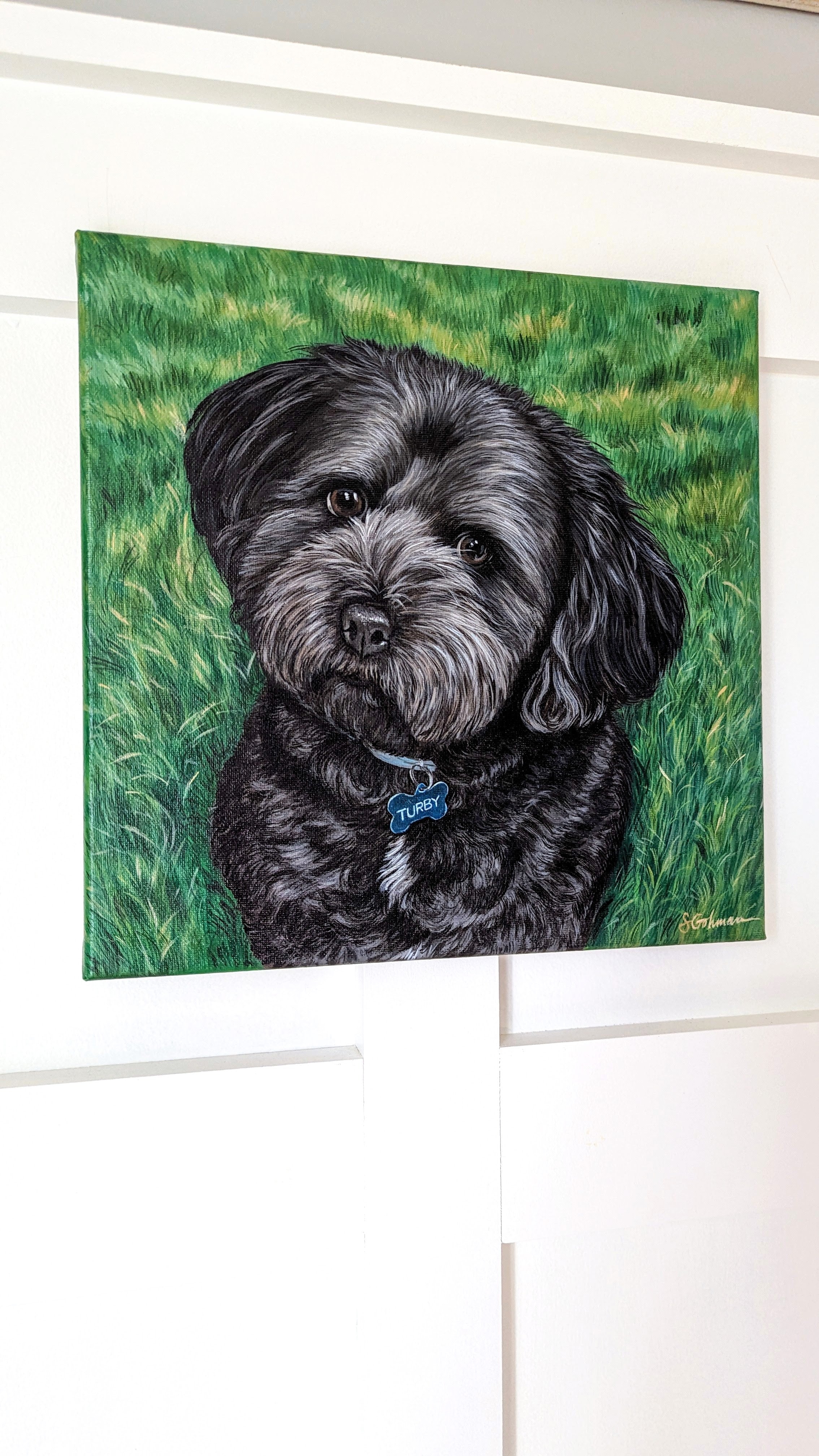 Custom pet portrait from your photo with retailer acrylic paint on a 12 x12 wrap around canvas.