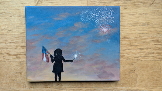 Person holding an American flag with fireworks in the sky on a canvas surface